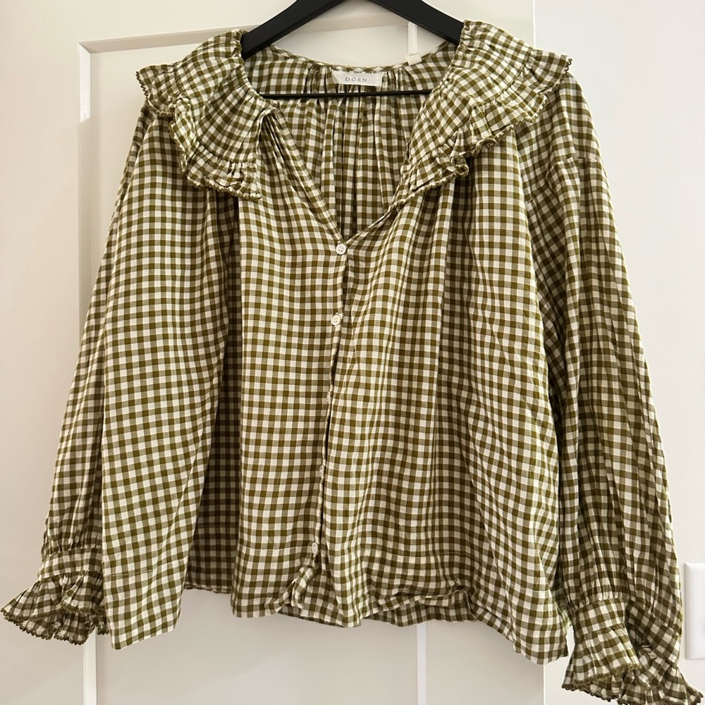 Doen Olive Checkered Ruffle Blouse